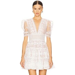 Bronx and Banco Megan Mini Dress White Lace V-Neck Puff Sleeves Size S